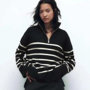 ZARA Black and White Striped Quarter-Zip Knit Sweater Size M